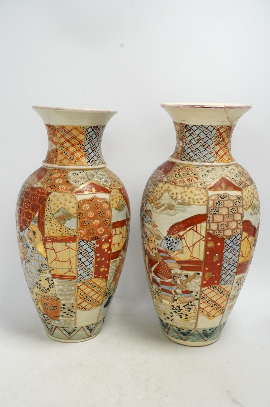 A pair of Japanese enamelled vases and a pair of brocaded Satsuma vases, tallest 32cm high., Condition - fair